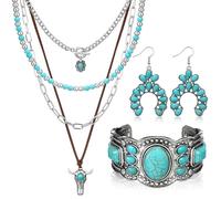 Inbagi 3 Pcs Boho Western Jewelry for Women Turquoise Jewelry Set Vintage Earrings Bracelet Western Bohemian Necklace for Women Cowboy Cowgirls, Alloy Steel, No Gemstone