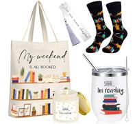 Inbagi Set of 5 Book Lovers Gifts Include Novelty Socks 12 oz Stainless Steel Tumbler with Lid Scented Candle Library Canvas Tote Bag and Bookmark