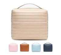inbesk Fold Down Standing Makeup Bag, Large Waterproof PVC Travel Toiletry Organizer, Parallel Design Makeup Bag That Opens Wide & Stands Upright, Foldable Cosmetic Case for Women, apricot, 1