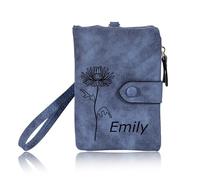 INBLUE Custom Leather Purse for Women Engraved Birth Flower with Name Ladies Wallet Small Tri-Fold Zipper Coin Purse with Wrist Strap Personalized Gift for Mom Mother's Day Birthday - Blue
