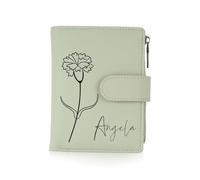 INBLUE Custom Leather Purse for Women Engraved Birth Flower with Name Ladies Wallet Small Tri-Fold Zipper Coin Purse with Wrist Strap Personalized Gift for Mom Mother's Day Birthday 02 - Green
