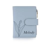 INBLUE Custom Leather Purse for Women Engraved Birth Flower with Name Ladies Wallet Small Tri-Fold Zipper Coin Purse with Wrist Strap Personalized Gift for Mom Mother's Day Birthday 02 - Blue