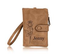 INBLUE Custom Leather Purse for Women Engraved Birth Flower with Name Ladies Wallet Small Tri-Fold Zipper Coin Purse with Wrist Strap Personalized Gift for Mom Mother's Day Birthday - Brown