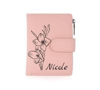 INBLUE Custom Leather Purse for Women Engraved Birth Flower with Name Ladies Wallet Small Tri-Fold Zipper Coin Purse with Wrist Strap Personalized Gift for Mom Mother's Day Birthday 02 - Pink
