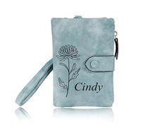 INBLUE Custom Leather Purse for Women Engraved Birth Flower with Name Ladies Wallet Small Tri-Fold Zipper Coin Purse with Wrist Strap Personalized Gift for Mom Mother's Day Birthday - Green