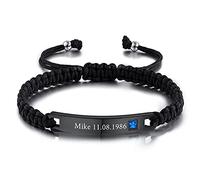 INBLUE Customized Braided Rope Bracelets with Stainless Steel Engraved Plate Birthstones Handmade Adjustable Bracelets Gifts for Women Men Couples Friendship Families