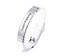 INBLUE Personalised Name Tag Bracelet Customised Name/Date/Quote Engraving Stainless Steel Sport ID Tag Adjustable Silicone Rubber Bracelet for Men Women (White Strap & Silver Tag)
