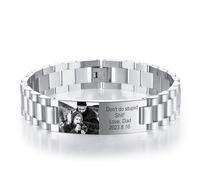 INBLUE Personalized Bracelet for Dad Men - Engraved Names Text Photo Men's Link Bracelet Gift for Birthday Anniversary Father Husband Grandpa Son Boyfriend (A1: Silver)