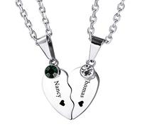 INBLUE Personalized Couple Necklace Custom Engraving Name Date Matching Heart Pendant for Girlfriend Boyfriend Birthstone Stainless Steel Him & Her Lover Relationship Anniversary Distance Gift(Silver)