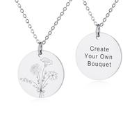 INBLUE Personalized Engraved Birth Flower Disc Necklace for Women Customized Text Stainless Steel Round Pendant Combined Birth Flower Bouquet Necklace Fashion Dainty Jewelry Gift for Birthday - A2