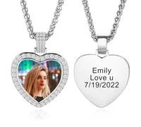 INBLUE Personalized Hip Hop Memory Photo Necklace for Men Double Side Customized Copper Metal Pendant Engraved Text Heart & Rectangle Pendant Necklace Fashion Jewelry Gift (E1, 18 inches)