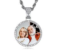 INBLUE Personalized Hip Hop Memory Photo Necklace Pendant Custom Engraved Text for Men Women Copper Iced Out Angel Wing Round & Heart Charm Medal Rope Chain Jewelry Gift (Silver,22 inches)