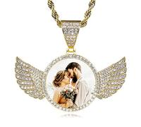 INBLUE Personalized Hip Hop Memory Photo Necklace Pendant Custom Engraved Text for Men Women Copper Iced Out Angel Wing Round & Heart Charm Medal Rope Chain Jewelry Gift (Gold,30)