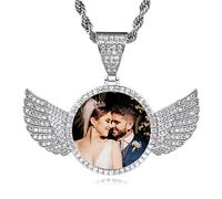 INBLUE Personalized Hip Hop Memory Photo Necklace Pendant Custom Engraved Text for Men Women Copper Iced Out Angel Wing Round & Heart Charm Medal Rope Chain Jewelry Gift (Silver,18)