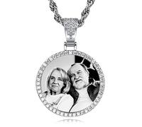 INBLUE Personalized Hip Hop Memory Photo Necklace Pendant Custom Engraved Text for Men Women Copper Iced Out Angel Wing Round & Heart Charm Medal Rope Chain Jewelry Gift (Silver,22")