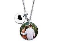 INBLUE Personalized Round Pendant Necklace Engraving Text/Photo/Date/Name On Both Sides Stainless Steel Customized Gifts for Couples/Sister/Parents (Color Photo and Round Shape Tag)