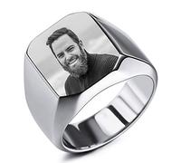 INBLUE Personalized Signet Ring Engraving Color Picture/Black Picture/Blank Custom Photo for Men Boys Women Girls Memorial Stainless Steel Jewelry Bundle with Ring Size Adjusters (Silver Color)