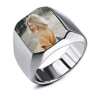INBLUE Personalized Signet Ring Engraving Color Picture/Black Picture/Blank Custom Photo for Men Boys Women Girls Memorial Stainless Steel Jewelry Bundle with Ring Size Adjusters (Silver Color)