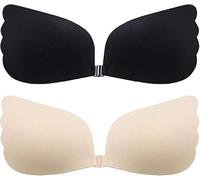 INBOLM 2 Pack (A) Stick On Bra Push Up Strapless Bras for Women Reusable Skin Friendly Invisible Self-Adhesive Bras Women's Adhesive Bra Backless for Everyday, Party, Wedding（Black and Skin）