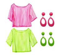 INBOLM Neon Fishnet Top 2 Pcs Neon Clothes 80s Fancy Dress Fishnet Top for Women Suitable for Retro Theme Parties Masquerade Balls Club Wear Shirt(Green&Rose Red)
