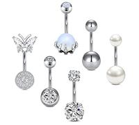 incaton 14G Belly Button Bars Belly Rings 6Pcs Cute Classic Clear CZ Butterfly Curved Barbell Belly Piercing Jewelry Silver Rose Gold