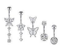 Incaton 14G Belly Button Rings, Stainless Steel Diamond Belly Rings For Women, Dangle Belly Button Rings With Butterfly, 6mm Short & 10mm Bar Navel Piercings, Metal, cubic zirconia