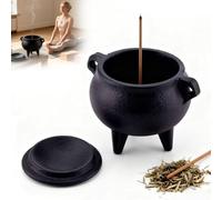 Incense Burner Cast Iron Cauldron - Tripod Mini Aromatherapy Pot with Removable Lid, Retro Smudge Bowl for Stick Cone Incense, Home Decor Meditation Altar Accessory (Black, 2.76")