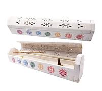 Incense Burner (Censer) Wooden Box Hand Decorated in India - Exclusive Chakra Design White - 30.5 x 6 x 5.5 cm - Weight 240 g. Wood Incense Holder.
