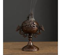 Incense Burner Hollow Out High Foot Metal Incense Holder with Lid, Aromatherapy Stove Double Dragon Sandalwood Incense Burner Tea Ceremony(Brown)