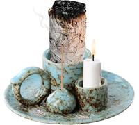 Incense Holder Burner Ceramic,4 in 1 Palo Santo Holder, Incense Stick & Candle Holder with Ash Catcher Tray for Meditation,Yoga,SPA,Home Decoration (Green)