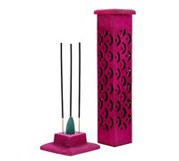 Incense Stick Burner - Tower Holder Box For Ash Catchers Joss Stick Incense Cone Holders For Sticks Agarbatti Stand Carved Detailing Coloured Wood Decorative Home Decor Accessories (Pink)