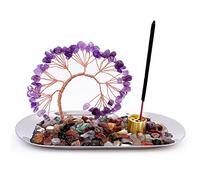 Incense Stick Holder with Natural Purple Amethyst Crystal Tree and Ash Catch Tray for Positive Energy, Meditation, Yoga, Home Decor