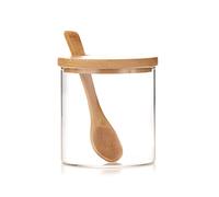INCETUE 2pcs Condiment Pot, Seasoning Containers box, Glass Jar with Bamboo Lid, Cute Suger Bowl, Salt Container with Wooden Spoon, 10oz Spice Pepper Storage Canister for Kitchen and Home
