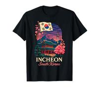 Incheon South Korea Vintage Travel Skyline Cherry Blossom T-Shirt