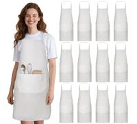 Incisite 12 Pack Bib Apron, Unisex Plain Bib Aprons, White Aprons Bulk with 2 Pocket, Blank Chef Apron with Long Ties for Adults Cooking Painting, Machine Washable, 60 x 71cm