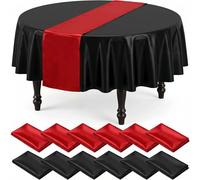 Incisite 12Pack 12x108 Inch Satin Table Runner and 84 Inch Round Plastic Tablecloths, Black Disposable Round Tablecloth,Red Satin Table Runner for Wedding Birthday Bridal Shower Party Decorations