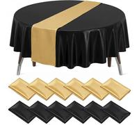 Incisite 12Pack 12x108 Inch Satin Table Runner and 84 Inch Round Plastic Tablecloths, Black Disposable Round Tablecloth,Gold Satin Table Runner for Wedding Birthday Bridal Shower Party Decorations