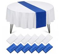 Incisite 12Pack 12x108 Inch Satin Table Runner and 84 Inch Round Plastic Tablecloths, White Disposable Round Tablecloth,Blue Satin Table Runner for Wedding Birthday Bridal Shower Party Decorations