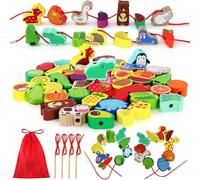 Incisite 42 PCS Wooden Animals Fruits Vegetables String Threading Beads, Montessori Toddler Preschool Activities Lacing Toys, Include 42Wooden Lacing Beads 4 String Ropes for Toddlers 3 4 5 6 Year Old