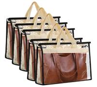 Incisite 5 Pack Dust Bags for Handbags, Purse Dust Bags with Zipper and Handle, Clear Anti-dust Purse Storage Bag, Hanging Handbags Cover for Closet Hanging Storage (Large, Beige)