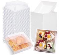 Incisite 50 Pack Paper Charcuterie Boxes with Clear Lids, 5 Inch White | Square Food Containers, Paper Cake Boxes Dessert Boxes, Sandwich Box, for Cake Slice Cookies