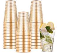 Incisite 50PCS Gold Plastic Cups,14OZ Gold Glitter Party Cups,Disposable Gold Cups,Elegant Wedding Cups,Clear Hard Plastic Cups Tumblers for Wedding Party Birthdays Anniversaries Social Events