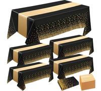 Incisite 8 Pack Tablecloths and Satin Table Runner,4 Black and Gold Dot Tablecloth 54x108 In,4 Gold Satin Table Runners 11x108 In,Disposable Plastic Table Cloths for Party Wedding Birthday Anniversary
