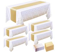 Incisite 8 Pack Tablecloths and Satin Table Runner, White and Gold