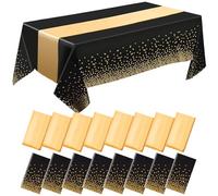 Incisite 8PCS Black and Gold Tablecloth and Table Runner, 4 Dot Tablecloth 137 x 274 CM, 4 Gold Satin Table Runners 28 x 275 CM, Disposable Plastic Table Cloths for Parties Wedding Birthday, 4 Set