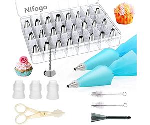 Including 24+1 Stainless Steel Nozzles, 2 Reusable Piping Bags and Other Cake Tools, for Cupcake Decorating Cookies Pastry Making Tool (34 Pcs DIY Set)