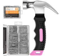 INCLY 620 PCS Small Nails for Hanging Pictures Assortment Kit with 8oz Small Pink Hammer, Claw Hammer with Hardware Nails Assorted Set,310 Wall Nails & 310 Finish Nails for Installing with Case