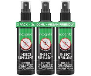 Incognito Insect Repellent Spray - 3x100ml - Travel-Sized Natural DEET Free Formula - Protects for Up to 7 Hours - Shields from a Wide Range of Biting Insects - Travel Friendly Organic Mosquito Repellent