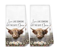 INCOHOIX 2 Pack Highland Cow Kitchen Towels, Live Like Someone Left The Gate Open Floral Daisy Dish Cloths, Absorbent Microfiber Decorative Tea Towels for Farmhouse Bathroom Kitchen Decor