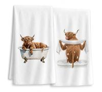 INCOHOIX 2 Pack Highland Cow Microfibre Kitchen & Bathroom Towels, 40×60cm | Cute Funny Highland Cattle Printed Waffle Weave Shower Cloths, Absorbent No-Loop Decorative Hand Towel Set For Home Decor